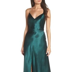 Jenny Yoo Dina V-Neck Satin Crepe Gown, Emerald